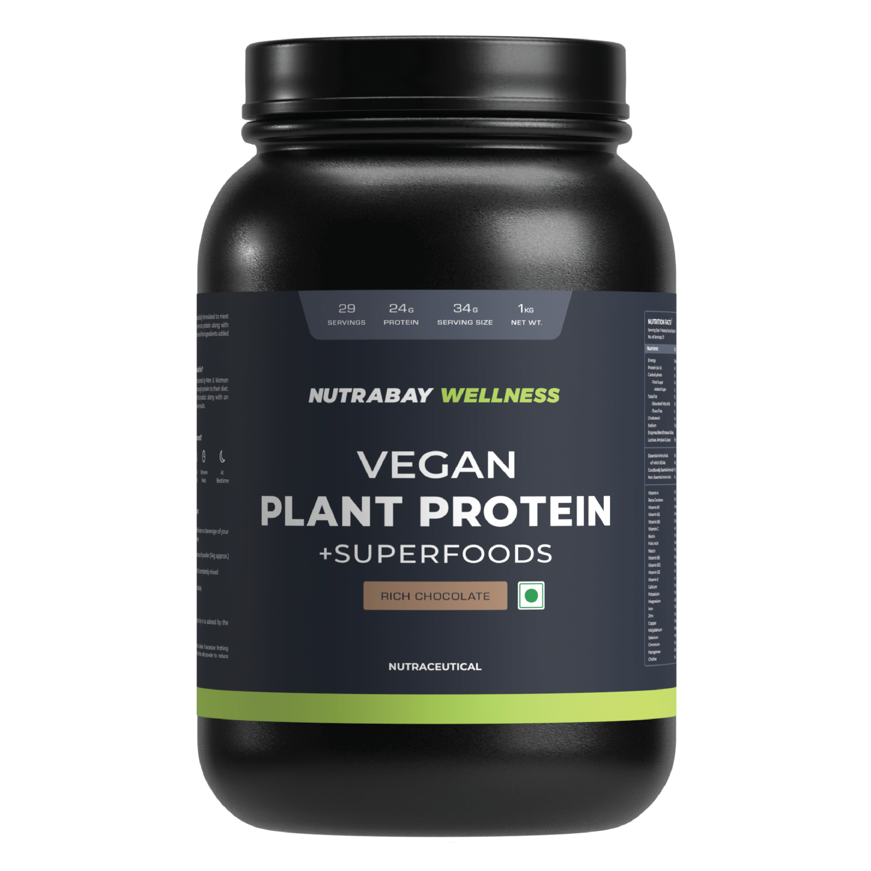 Nutrabay Wellness Vegan Plant Protein Powder + Superfoods - 1 Kg (2.2 Lb), Rich Chocolate
